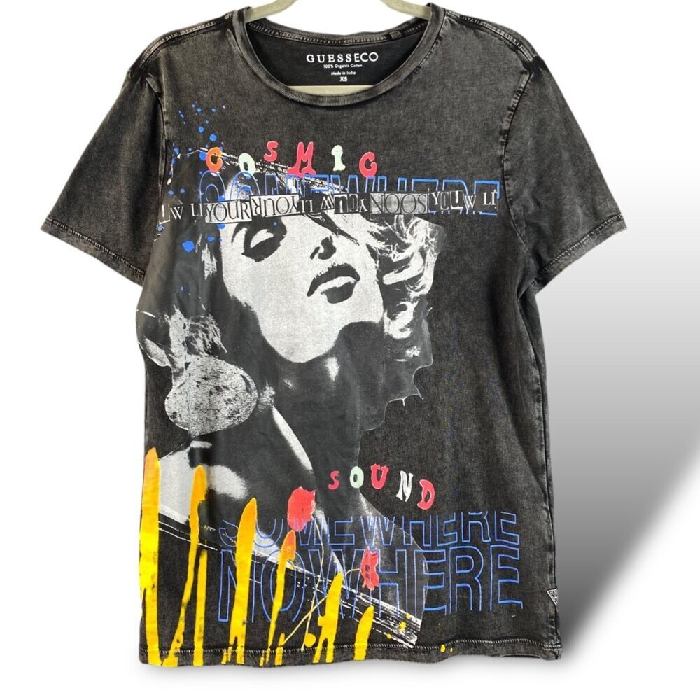 Guess Eco T-Shirt Mens Sz XS Black Cosmic Sounds Short Sleeve Graphic Print Tee